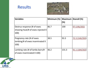 Variables Minimum (%) Maximum
(%)
Overall (%)
Oestrus response (# of ewes
showing heat/# of ewes injected X
100)
86.7 100 97 (196/202)
Pregnancy rate (# of ewes
lambing/# of ewes inseminated X
100)
38.5 93.3 72.3 (146/202)
Lambing rate (# of lambs born/#
of ewes inseminated X 100)
46.2 131.3 91.1 (184/202)
Results
 