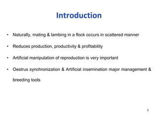 Introduction
• Naturally, mating & lambing in a flock occurs in scattered manner
• Reduces production, productivity & profitability
• Artificial manipulation of reproduction is very important
• Oestrus synchronization & Artificial insemination major management &
breeding tools
3
 