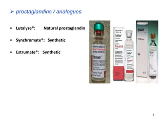  prostaglandins / analogues
• Lutalyse®: Natural prostaglandin
• Synchromate®: Synthetic
• Estrumate®: Synthetic
7
 