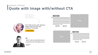 27
PRIMARY CONTENT
Quote with Image with/without CTA
Different from the
columns, this section is
used for brief text.
Perfect for testimonials
“
”
Image
Header
CTA CTA
“
”
Image
Header
CTA CTA
 