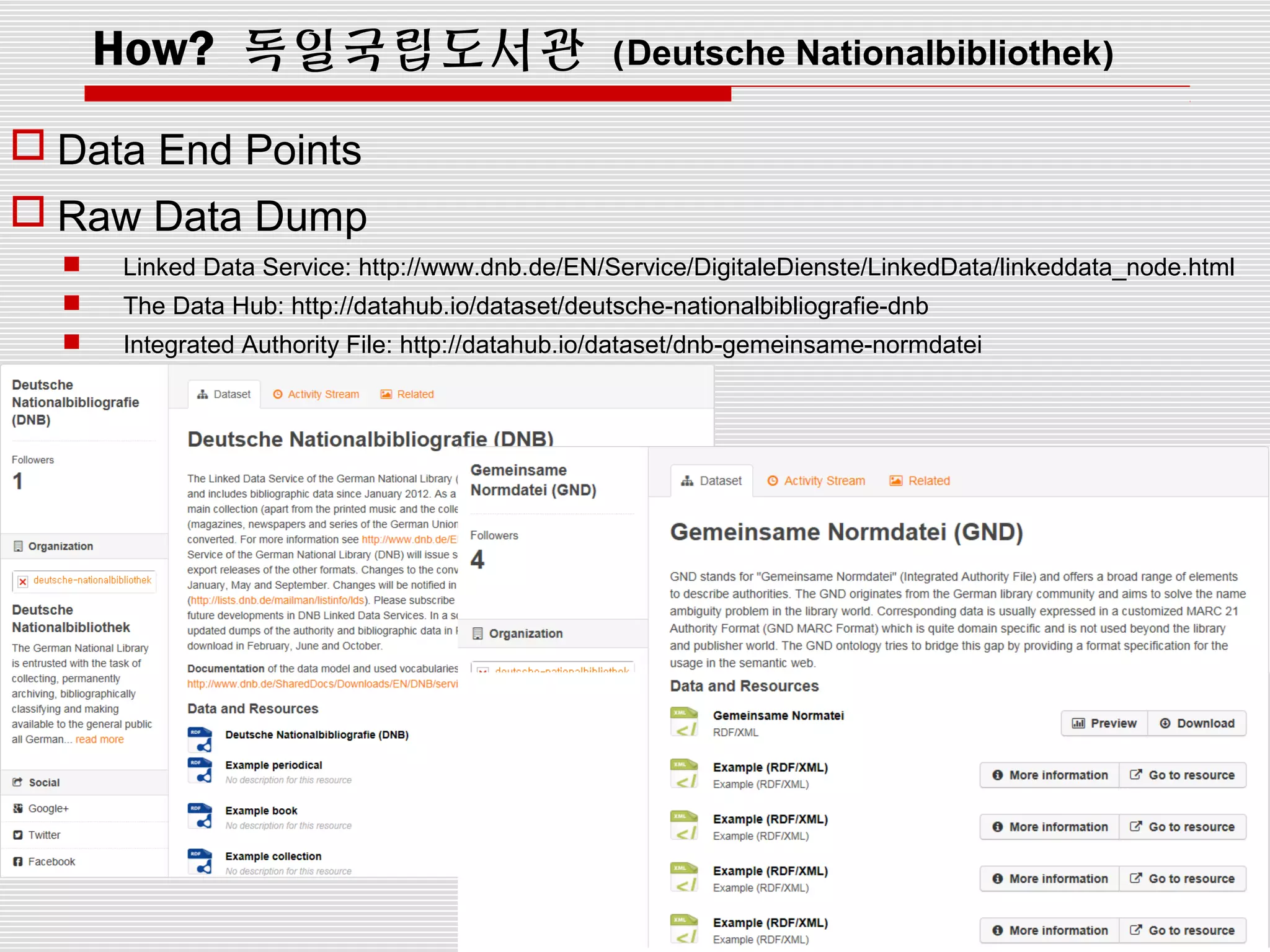 How? 독일국립도서관 (Deutsche Nationalbibliothek)
 Data End Points
 Raw Data Dump
 Linked Data Service: http://www.dnb.de/EN/Service/DigitaleDienste/LinkedData/linkeddata_node.html
 The Data Hub: http://datahub.io/dataset/deutsche-nationalbibliografie-dnb
 Integrated Authority File: http://datahub.io/dataset/dnb-gemeinsame-normdatei
 