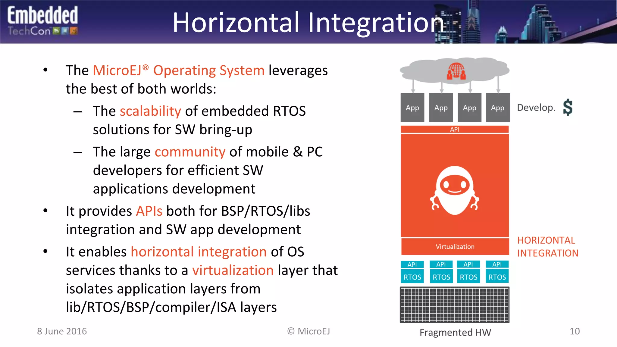 • The MicroEJ® Operating System leverages
the best of both worlds:
– The scalability of embedded RTOS
solutions for SW bring-up
– The large community of mobile & PC
developers for efficient SW
applications development
• It provides APIs both for BSP/RTOS/libs
integration and SW app development
• It enables horizontal integration of OS
services thanks to a virtualization layer that
isolates application layers from
lib/RTOS/BSP/compiler/ISA layers
Horizontal Integration
8 June 2016 10© MicroEJ
 
