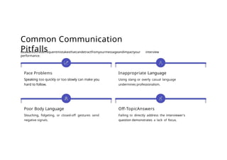 Common Communication
Pitfalls
Beawareofthesefrequentmistakesthatcandetractfromyourmessageandimpactyour interview
performance.
Pace Problems
Speaking too quickly or too slowly can make you
hard to follow.
Inappropriate Language
Using slang or overly casual language
undermines professionalism.
Poor Body Language
Slouching, fidgeting, or closed-off gestures send
negative signals.
Off-TopicAnswers
Failing to directly address the interviewer's
question demonstrates a lack of focus.
 