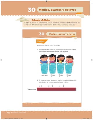 100 | Desafíos. Docente
Intención didáctica
Medios, cuartos y octavos
Que los alumnos se familiaricen con la escritura numérica de fracciones, así
como con diferentes representaciones de medios, cuartos y octavos.
30
70 | Desafíos
En equipos, realicen lo que se solicita.
1. Señalen en cada vaso, de acuerdo con la cantidad que se
indica, hasta dónde debe llegar el nivel del agua.
2. El siguiente dibujo representa una tira completa. Debajo de
ésta dibujen las fracciones de tira que se indican:
a)
2
1
b)
4
1
c)
8
1
Tira.completa
vaso lleno
2
1
vaso
4
1
vaso
8
1
vaso
Actividad 1Actividad 1
Actividad 2Actividad 2
Actividad 3Actividad 3
Actividad 4Actividad 4
Consigna 1Consigna 1
Consigna 2Consigna 2
Consigna 3Consigna 3
Consigna 4Consigna 4
ConsignaConsigna
30
1 1 1
Medios, cuartos y octavos
Actividad 1Actividad 1
Actividad 2Actividad 2
Actividad 3Actividad 3
Actividad 4Actividad 4
Consigna 1Consigna 1
Consigna 2Consigna 2
Consigna 3Consigna 3
Consigna 4Consigna 4
ConsignaConsigna
Desafios_3 alumno.indb 70 03/07/13 19:45
DESAFIO_DOCENTE_TERCERO.indd 100 04/07/13 10:37
 