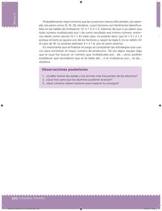 240 | Desafíos. Docente
Bloque5
Probablemente, haya números que les ocasionen menos dificultades, por ejem-
plo, los pares como 12, 18, 20, etcétera, cuyos factores son fácilmente identifica-
bles en las tablas de multiplicar: 12: 4 × 3, 6 × 2. Además de que si ya saben que
todo número multiplicado por 1 da como resultado ese mismo número, enton-
ces darán como opción 12 × 1. En este caso, no podrán decir que 12 = 5 × 2 + 2
porque el resto es igual a uno de los factores y, según la regla 3, no es válido. En
el caso de 18, no podrían plantear 4 × 3 + 6, por la razón anterior.
Es importante que al finalizar el juego se compartan las estrategias que usa-
ron para encontrar el mayor número de productos. Tal vez algún equipo diga
que la suya fue buscar un número que multiplicado por… dé…; otros podrían
establecer que recordaron que en la tabla del…, si lo multiplicas por…, te da…,
etcétera.
1.	 ¿Cuáles fueron las dudas y los errores más frecuentes de los alumnos?
2.	 ¿Qué hizo para que los alumnos pudieran avanzar?
3.	 ¿Qué cambios deben hacerse para mejorar la consigna?
Observaciones posteriores
DESAFIO_DOCENTE_TERCERO.indd 240 04/07/13 10:39
 