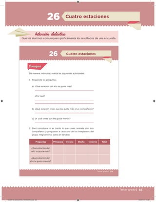 85Tercer grado | 85Tercer grado |
Que los alumnos comuniquen gráficamente los resultados de una encuesta.
Cuatro estaciones26
59Tercer grado |
De manera individual, realiza las siguientes actividades.
1. Responde las preguntas.
a) ¿Qué estación del año te gusta más?
¿Por qué?
b) ¿Qué estación crees que les gusta más a tus compañeros?
c) ¿Y cuál crees que les gusta menos?
2. Para corroborar si es cierto lo que crees, reúnete con dos
compañeros y pregunten a cada uno de los integrantes del
grupo. Registren los datos en la tabla.
Preguntas Primavera Verano Otoño Invierno Total
¿Qué estación del
año te gusta más?
¿Qué estación del
año te gusta menos?
Actividad 1Actividad 1
Actividad 2Actividad 2
Actividad 3Actividad 3
Actividad 4Actividad 4
Consigna 1Consigna 1
Consigna 2Consigna 2
Consigna 3Consigna 3
Consigna 4Consigna 4
ConsignaConsigna
26 Cuatro estaciones
Actividad 1Actividad 1
Actividad 2Actividad 2
Actividad 3Actividad 3
Actividad 4Actividad 4
Consigna 1Consigna 1
Consigna 2Consigna 2
Consigna 3Consigna 3
Consigna 4Consigna 4
ConsignaConsigna
Desafios_3 alumno.indb 59 03/07/13 19:45
Intención didáctica
DESAFIO_DOCENTE_TERCERO.indd 85 04/07/13 10:37
 