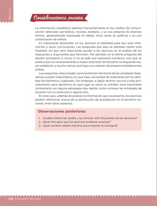 110 | Desafíos. Docente
Bloque2
Consideraciones previasConsideraciones previas
La información estadística aparece frecuentemente en los medios de comuni-
cación: televisión, periódicos, revistas, etcétera, y se nos presenta de diversas
formas, generalmente expresada en tablas, otras veces en gráficas o en una
combinación de ambas.
Es importante desarrollar en los alumnos la habilidad para leer esta infor-
mación y sacar conclusiones. Las preguntas que aquí se plantean tienen esta
finalidad, así que será importante ayudar a los alumnos en el análisis de las
respuestas y argumentos que formulen. Por ejemplo, en la última pregunta del
desafío (problema 2, inciso j) no se pide una respuesta numérica, sino que se
analice que no necesariamente a mayor extensión territorial le corresponde ma-
yor población y mucho menos que haya una relación de proporcionalidad entre
ambas.
Las preguntas relacionadas con la extensión territorial de las entidades fede-
rativas pueden responderse sin que haya necesidad de ordenarlas por la canti-
dad de kilómetros cuadrados. Sin embargo, si algún alumno recurre a este pro-
cedimiento para identificar en qué lugar se ubica su entidad, será importante
contrastarlo con alguna estrategia más rápida, como numerar las entidades de
acuerdo con su extensión o alguna otra.
En este caso, además de analizar la información que se presenta, los alumnos
podrán reflexionar acerca de la distribución de la población en el territorio na-
cional, entre otros aspectos.
1.	 ¿Cuáles fueron las dudas y los errores más frecuentes de los alumnos?
2.	 ¿Qué hizo para que los alumnos pudieran avanzar?
3.	 ¿Qué cambios deben hacerse para mejorar la consigna?
Observaciones posteriores
DESAFIO-DOCENTE-6-final.indd 110 27/06/13 11:48
 
