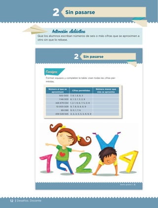 12 | Desafíos. Docente
Intención didáctica
Sin pasarse2
Que los alumnos escriban números de seis o más cifras que se aproximen a
otro sin que lo rebase.
11Sexto grado |
Formen equipos y completen la tabla. Usen todas las cifras per-
mitidas.
ConsignaConsigna
ConsignaConsigna
Sin pasarse2
Número al que se
aproximará
Cifras permitidas
Número menor que
más se aproxima
500 000 7, 9, 1, 6, 8, 3
1 146 003 6, 1, 5, 1, 3, 2, 9
426 679 034 1, 2, 1, 9, 6, 7, 5, 0, 8
10 000 009 9, 7, 8, 9, 8, 8, 9
89 099 9, 0, 1, 7, 6
459 549 945 4, 4, 4, 5, 5, 5, 9, 9, 9
Actividad 1Actividad 1Actividad 1Actividad 1
ConsignaConsigna
Actividad 2Actividad 2Actividad 2Actividad 2
Actividad 3Actividad 3Actividad 3Actividad 3
Actividad 4Actividad 4Actividad 4Actividad 4
2
hab.
ASIA
44 900 000 km 2
3 331 000 000 hab.
OCEANÍA
m 2
hab.
8 500 000 km 2
27 000 000 hab.
m 2
2
hab.
m 2
hab.
ASIA
44 900 000 km 2
3 331 000 000 hab.
OCEANÍA
8 500 000 km 2
27 000 000 hab.
m 2
ETC Desafios 6 alumno-Ok.indd 11 25/06/13 12:42
DESAFIO-DOCENTE-6-final.indd 12 27/06/13 11:44
 