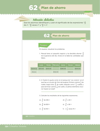 194 | Desafíos. Docente
Intención didáctica
Plan de ahorro62
Que los alumnos identifiquen y usen el significado de las expresiones “
a
b
de n”, “
a
b
veces n” y “
a
b
× n”.
120 | Desafíos
Actividad 1Actividad 1
Actividad 1Actividad 1
Actividad 2Actividad 2Actividad 2Actividad 2
Actividad 3Actividad 3Actividad 3Actividad 3
Actividad 4Actividad 4Actividad 4Actividad 4
ConsignaConsigna
En equipos, resuelvan los problemas.
1. Manuel tiene un pequeño negocio y ha decidido ahorrar
2
de la ganancia del día. Anota en la tabla las cantidades que
faltan.
Lunes Martes Miércoles Jueves Viernes Sábado
Ganancia $215.00 $245.00 $280.00 $504.00
Ahorro $122.00 $168.00
2. A Yoatzin le gusta correr en el parque de “Los viveros”, en el
que hay un circuito de 3 km de longitud. Primero camina
1
de
vuelta, luego trota 2 de vuelta, después corre 1 1 vueltas y
para terminar camina 1 de vuelta. ¿Cuántos kilómetros reco-
rre Yoatzin en total?
3. Calculen los resultados de las siguientes expresiones.
5
2
3 3
6
a) 3 de 256 =
b) 3 de 824 =
c)
4
de 90 =
d) 2 x 24 =
e) 3 x 56 =
f) 2
1
veces 15 =
5
8
5
3
4
2
Actividad 1Actividad 111
Actividad 2Actividad 222ConsignaConsigna
Actividad 3Actividad 3Actividad 3Actividad 3
Actividad 4Actividad 4Actividad 4Actividad 4
ConsignaConsigna
Plan de ahorro62
ETC Desafios 6 alumno-Ok.indd 120 25/06/13 12:44
DESAFIO-DOCENTE-6-final.indd 194 27/06/13 11:49
 
