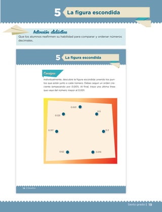 19Sexto grado |
Intención didáctica
La ﬁgura escondida5
Que los alumnos reafirmen su habilidad para comparar y ordenar números
decimales.
14 | Desafíos
Individualmente, descubre la figura escondida uniendo los pun-
tos que están junto a cada número. Debes seguir un orden cre-
ciente (empezando por 0.001). Al final, traza una última línea
que vaya del número mayor al 0.001.
0.001
0.5
0.2
0.0150.62
0.317
0.123
Actividad 1Actividad 1Actividad 1Actividad 1
ConsignaConsigna
Actividad 2Actividad 2Actividad 2Actividad 2
Actividad 3Actividad 3Actividad 3Actividad 3
Actividad 4Actividad 4Actividad 4Actividad 4
ConsignaConsigna
ConsignaConsigna
La figura escondida5
ETC Desafios 6 alumno-Ok.indd 14 25/06/13 12:42
DESAFIO-DOCENTE-6-final.indd 19 27/06/13 11:44
 