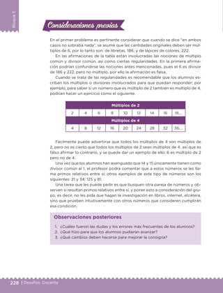 228 | Desafíos. Docente
Bloque5
Consideraciones previasConsideraciones previas
En el primer problema es pertinente considerar que cuando se dice “en ambos
casos no sobraba nada”, se asume que las cantidades originales deben ser múl-
tiplos de 6, por lo tanto son: de libretas, 186, y de lápices de colores, 222.
En las afirmaciones de la tabla están involucradas las nociones de múltiplo
común y divisor común, así como ciertas regularidades. En la primera afirma-
ción podrían confundirse las nociones antes mencionadas, pues el 6 es divisor
de 186 y 222, pero no múltiplo, por ello la afirmación es falsa.
Cuando se trata de las regularidades es recomendable que los alumnos es-
criban los múltiplos o divisores involucrados para que puedan responder; por
ejemplo, para saber si un número que es múltiplo de 2 también es múltiplo de 4,
podrían hacer un ejercicio como el siguiente.
Múltiplos de 2
2 4 6 8 10 12 14 16 18,…
Múltiplos de 4
4 8 12 16 20 24 28 32 36,…
Fácilmente puede advertirse que todos los múltiplos de 4 son múltiplos de
2, pero no es cierto que todos los múltiplos de 2 sean múltiplos de 4, así que es
falso afirmar lo contrario, y se puede dar un ejemplo de ello: 6 es múltiplo de 2
pero no de 4.
Una vez que los alumnos han averiguado que 14 y 15 únicamente tienen como
divisor común al 1, el profesor podrá comentar que a estos números se les lla-
ma primos relativos entre sí; otros ejemplos de este tipo de números son los
siguientes: 21 y 34; 125 y 81.
Una tarea que les puede pedir es que busquen otra pareja de números y ob-
serven si resultan primos relativos entre sí, y poner esto a consideración del gru-
po, es decir, no les pida que hagan la investigación en libros, internet, etcétera,
sino que prueben intuitivamente con otros números que consideren cumplirán
esa condición.
1.	 ¿Cuáles fueron las dudas y los errores más frecuentes de los alumnos?
2.	 ¿Qué hizo para que los alumnos pudieran avanzar?
3.	 ¿Qué cambios deben hacerse para mejorar la consigna?
Observaciones posteriores
DESAFIO-DOCENTE-6-final.indd 228 27/06/13 11:49
 