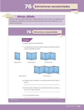 229Sexto grado |
Intención didáctica
Estructuras secuenciadas76
Que los alumnos identifiquen la regularidad de una sucesión de figuras con
progresión aritmética y la utilicen para encontrar términos faltantes o los
que la continúan.
140 | Desafíos
Actividad 1Actividad 1
Actividad 1Actividad 1
Actividad 2Actividad 2Actividad 2Actividad 2
Actividad 3Actividad 3Actividad 3Actividad 3
Actividad 4Actividad 4Actividad 4Actividad 4
ConsignaConsigna
En pareja, resuelvan los problemas.
1. Las siguientes estructuras están armadas con tubos metálicos
y hojas cuadradas de vidrio.
a) ¿Cuántos tubos metálicos se necesitan para hacer la estruc-
tura 4?
b) ¿Cuántos tubos metálicos se necesitan para hacer una estruc-
tura con 10 hojas de vidrio?
c) ¿Y con 15 hojas de vidrio?
ConsignaConsigna
ConsignaConsigna
Estructuras secuenciadas76
Estructura 1 Estructura 2 Estructura 3
Estructura 4 Estructura 5
ETC Desafios 6 alumno-Ok.indd 140 25/06/13 12:44
DESAFIO-DOCENTE-6-final.indd 229 27/06/13 11:49
 