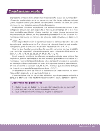 231Sexto grado |
Bloque5
Consideraciones previasConsideraciones previas
El propósito principal de los problemas de este desafío es que los alumnos iden-
tifiquen las regularidades entre los elementos que intervienen en las estructuras
(tubos, hojas de vidrio) y las utilicen para encontrar términos faltantes, así como
términos no muy alejados que continúan la sucesión.
En el primer problema es probable que algunos alumnos recurran a la es-
trategia de dibujar para dar respuesta al inciso a, sin embargo, en el b es muy
poco probable que dibujen y luego cuenten los tubos, porque es un camino
muy laborioso; en cambio, es muy probable que establezcan una sucesión nu-
mérica que represente los números de tubos de cada estructura, es decir: 4, 7,
10, , 16…
Como se puede observar, la regularidad es que la cantidad de tubos de cada
estructura se calcula sumando 3 al número de tubos de la estructura anterior.
Por ejemplo, para la estructura 4 los tubos necesarios son: 10 + 3 = 13.
Una vez que los alumnos escriban la sucesión numérica, es muy probable
que continúen sumando 3, consecutivamente, hasta obtener los 15 términos, es
decir, 4, 7, 10, 13, 16, 19, 22, 25, 28, 31, 34, 37, 40, 43 y 46.
En el segundo problema los alumnos no podrán dibujar para obtener las
respuestas, porque de entrada se les está pidiendo que escriban la sucesión nu-
mérica que representa las cantidades de tubos de las estructuras de la sucesión;
sin embargo, si algunos alumnos recurren al dibujo para apoyarse, permítaselos.
En este problema, la sucesión es 5, 13, 21, 29…; mientras que al número de hojas
de vidrio le corresponde la sucesión numérica 1, 3, 5, 7…
Se espera que a partir de analizar la regularidad de cada sucesión, los alum-
nos puedan responder la pregunta del inciso b.
Cabe mencionar que las sucesiones anteriores son de progresión aritmética
porque la diferencia entre dos términos consecutivos es una constante aditiva.
1.	 ¿Cuáles fueron las dudas y los errores más frecuentes de los alumnos?
2.	 ¿Qué hizo para que los alumnos pudieran avanzar?
3.	 ¿Qué cambios deben hacerse para mejorar la consigna?
Observaciones posteriores
DESAFIO-DOCENTE-6-final.indd 231 27/06/13 11:49
 