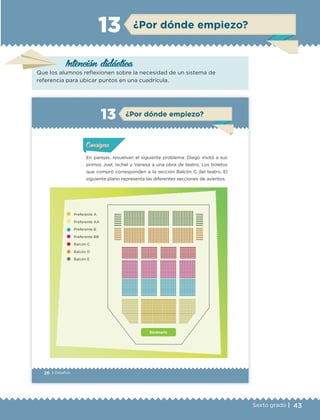 43Sexto grado |
¿Por dónde empiezo?13
Intención didáctica
Que los alumnos reflexionen sobre la necesidad de un sistema de
referencia para ubicar puntos en una cuadrícula.
26 | Desafíos
ConsignaConsigna
ConsignaConsigna
¿Por dónde empiezo?13
En parejas, resuelvan el siguiente problema: Diego invitó a sus
primos Joel, Ixchel y Vanesa a una obra de teatro. Los boletos
que compró corresponden a la sección Balcón C del teatro. El
siguiente plano representa las diferentes secciones de asientos.
Actividad 1Actividad 1Actividad 1Actividad 1
ConsignaConsigna
Actividad 2Actividad 2Actividad 2Actividad 2
Actividad 3Actividad 3Actividad 3Actividad 3
Actividad 4Actividad 4Actividad 4Actividad 4
Escenario
Preferente A
Preferente AA
Preferente B
Preferente BB
Balcón C
Balcón D
Balcón E
ETC Desafios 6 alumno-Ok.indd 26 25/06/13 12:42
DESAFIO-DOCENTE-6-final.indd 43 27/06/13 11:45
 