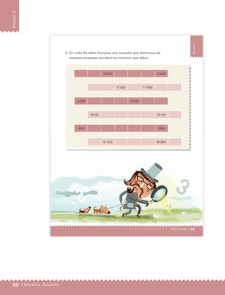 80 | Desafíos. Docente
Bloque2
Bloque2
2. En cada fila debe formarse una sucesión que disminuye de
manera constante; escriban los números que faltan.
2 640 2 636
17 263 17 063
9 518 9 478
15 110 10 110
402 396
19 024 18 984
49Sexto grado | 49Tercer Grado |
19 024 18 984
49Tercer Grado |
ETC Desafios 6 alumno-Ok.indd 49 25/06/13 12:43
DESAFIO-DOCENTE-6-final.indd 80 27/06/13 11:47
 