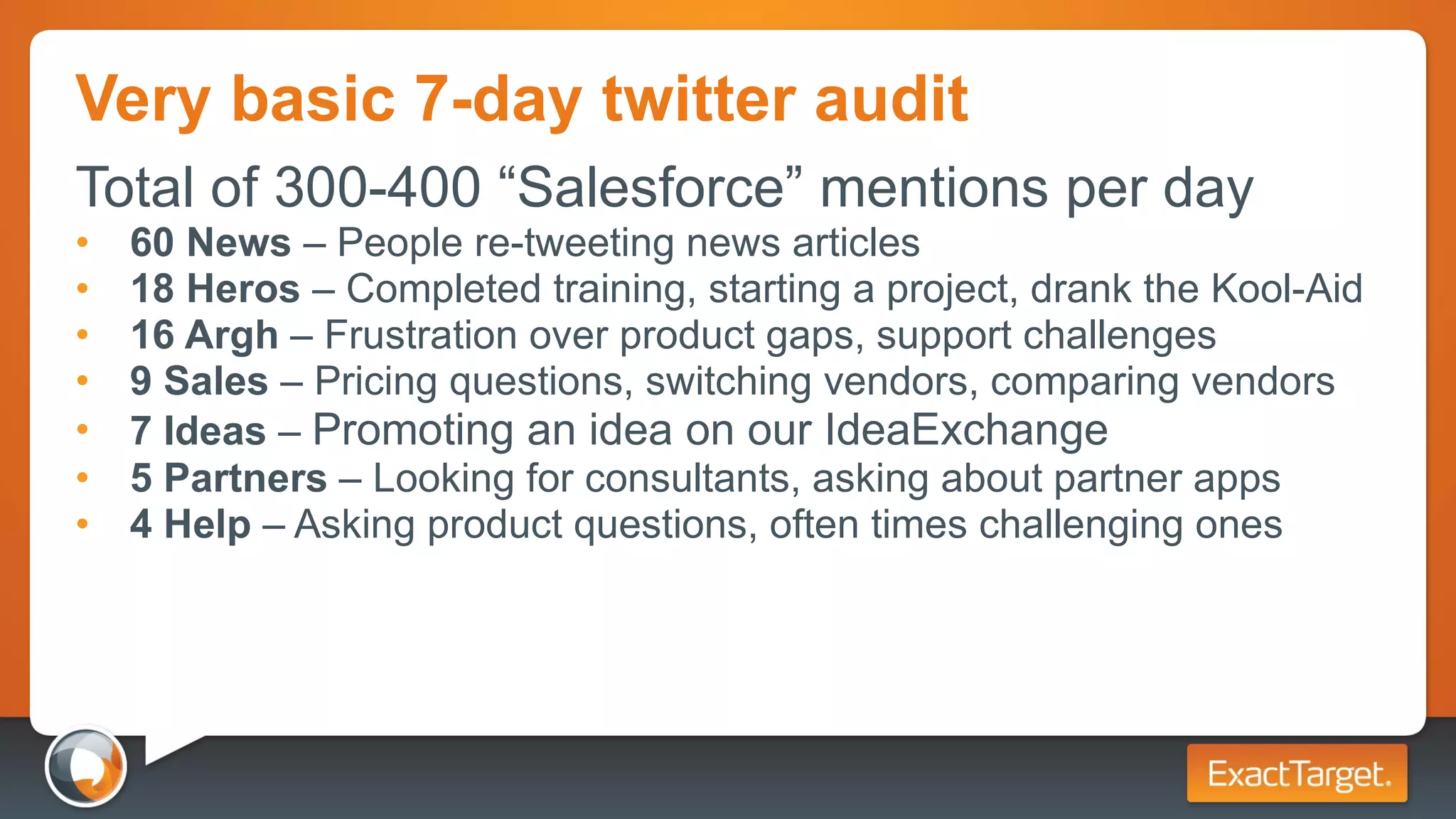 Very basic 7-day twitter audit Total of 300-400 “Salesforce” mentions per day  60 News  – People re-tweeting news articles 18 Heros  – Completed training, starting a project, drank the Kool-Aid 16 Argh  – Frustration over product gaps, support challenges 9 Sales  – Pricing questions, switching vendors, comparing vendors  7 Ideas  –  Promoting an idea on our IdeaExchange 5 Partners  – Looking for consultants, asking about partner apps 4 Help  – Asking product questions, often times challenging ones 