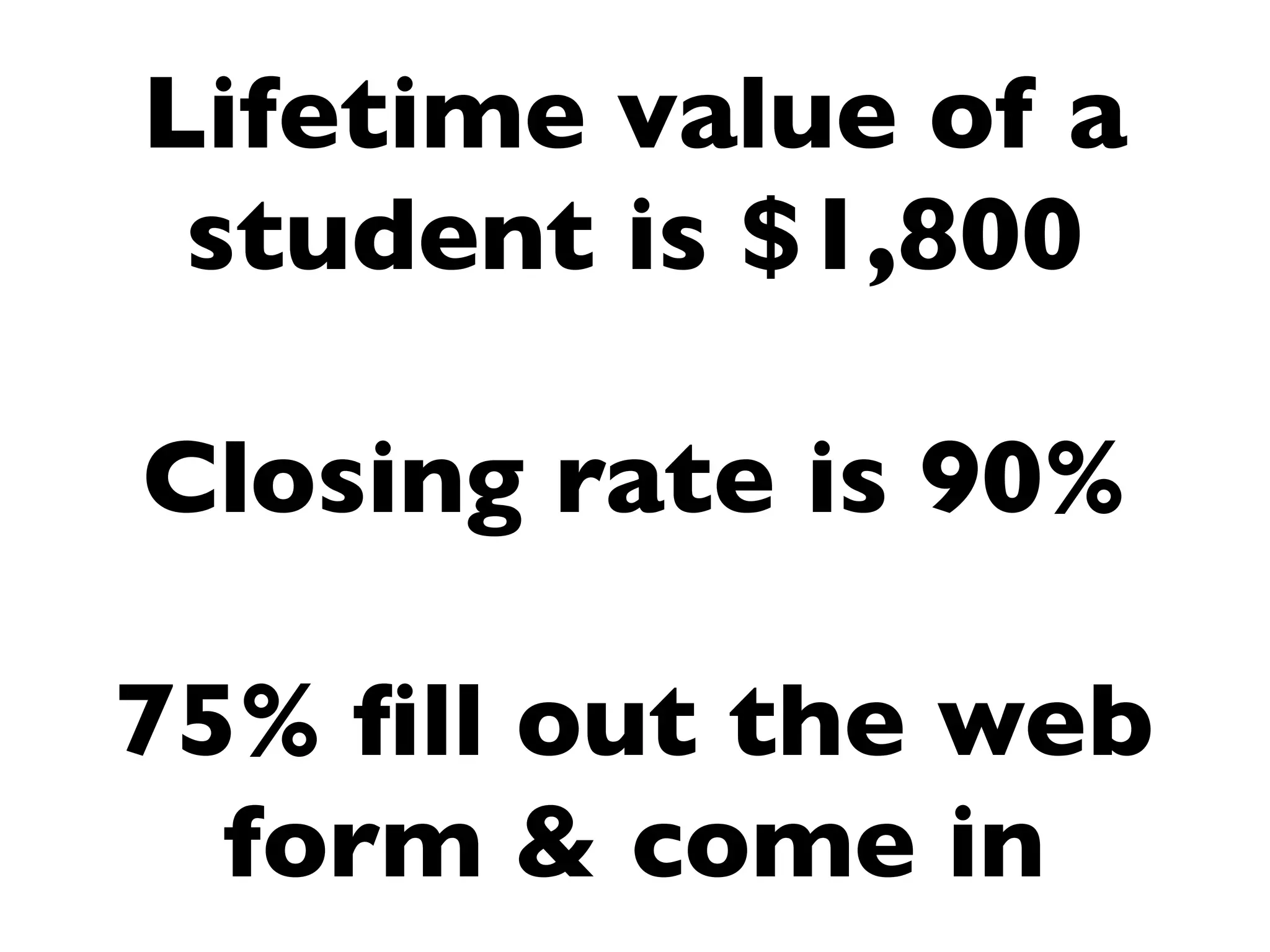 Lifetime value of a
 student is $1,800

Closing rate is 90%

75% ﬁll out the web
  form & come in
 