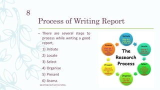 Process of Writing Report
– There are several steps to
process while writing a good
report,
1) Initiate
2) Locate
3) Select
4) Organise
5) Present
6) Assess
MGITER/CE/TANVI PATEL
8
 