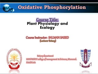 Course Title:
Plant Physiology and
Ecology
Course Instructor: SALMAN SAEED
Botany department
UNIVERSITY college of management & Sciences, Khanewal,
PAKSITAN
 