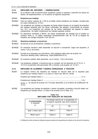 N.T.E. E.60 CONCRETO ARMADO
105
12.14 EMPALMES DEL REFUERZO — GENERALIDADES
12.14.1 En el refuerzo sólo se permite hacer empalmes cuando lo requieran o permitan los planos de
diseño, las especificaciones, o si lo autoriza el ingeniero proyectista.
12.14.2 Empalmes por traslape
12.14.2.1 Para las barras mayores de 1 3/8‖ no se deben utilizar empalmes por traslape, excepto para
los casos indicados en 12.16.2.
12.14.2.2 Los empalmes por traslape en paquetes de barras deben basarse en la longitud de empalme
por traslape requerida para las barras individuales del paquete, incrementada de acuerdo
con 12.4. Los empalmes por traslape de las barras individuales del paquete no deben
sobreponerse. No deben empalmarse por traslape paquetes enteros.
12.14.2.3 En elementos sometidos a flexión, las barras empalmadas por traslape que no quedan en
contacto entre si, no deben espaciarse transversalmente más de 1/5 de la longitud de
empalme por traslape requerida ni de 150 mm.
12.14.3 Empalmes soldados y mecánicos
12.14.3.1 Se permite el uso de empalmes soldados o mecánicos.
12.14.3.2 Un empalme mecánico debe desarrollar en tracción o compresión, según sea requerido, al
menos 1,25 fy de la barra.
12.14.3.3 Excepto en lo dispuesto por esta Norma, toda soldadura debe estar de acuerdo con
―Structural Welding Code—Reinforcing Steel‖ (ANSI/AWS D1.4).
12.14.3.4 Un empalme soldado debe desarrollar, por lo menos, 1,25 fy de la barra.
12.14.3.5 Los empalmes soldados o mecánicos que no cumplan con los requisitos de 12.14.3.2 ó
12.14.3.4 se permiten sólo para barras 5/8‖ y menores y de acuerdo con 12.15.4.
12.15 EMPALMES DE ALAMBRES Y BARRAS CORRUGADAS A TRACCIÓN
12.15.1 La longitud mínima del empalme por traslape en tracción debe ser la requerida para
empalmes por traslape Clases A o B, pero no menor que 300 mm, donde:
Empalme por traslape Clase A .....................................................................................................1,0 d
Empalme por traslape Clase B ......................................................................................................1,3 d
donde d
12.2.5.
se calcula de acuerdo con 12.2 para desarrollar fy sin el factor de modificación de
12.15.2 Los empalmes por traslape de alambres y barras corrugadas sometidas a tracción deben ser
empalmes por traslape Clase A o Clase B de acuerdo con la Tabla 12.3
Tabla 12.3
EMPLAMES POR TRASLAPE EN TRACCIÓN
As proporcionado
As requerido
()
Porcentaje máximo de As empalmado en
la longitud requerida para dicho empalme
50 100
Igual o mayor que 2 Clase A Clase B
Menor que 2 Clase B Clase B
() Relación entre el área de refuerzo proporcionada y la requerida por cálculo en la zona de empalme.
 