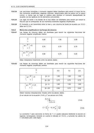 N.T.E. E.60 CONCRETO ARMADO
114

 
13.6.3.4 Las secciones sometidas a momento negativo deben diseñarse para resistir el mayor de los
dos momentos amplificados negativos interiores, determinados para los paños con un apoyo
común, a menos que se haga un análisis para distribuir el momento desequilibrado de
acuerdo con las rigideces de los elementos concurrentes.
13.6.3.5 Las vigas de borde o los bordes de la losa deben ser diseñados para resistir por torsión la
fracción que le corresponda de los momentos exteriores negativos amplificados.
13.6.3.6 El momento a ser transmitido entre la losa y una columna de borde de acuerdo con 13.5.3
debe ser 0,3 Mo.
13.6.4 Momentos amplificado en las franjas de columna
13.6.4.1 Las franjas de columna deben ser diseñadas para resistir las siguientes fracciones del
momento negativo amplificado interior:
2
1
0,50 1,00 2,00

αf 1
2 
 0
 1

 
0,75 0,75 0,75

αf 1
2 
1,0
 1

 
0,90 0,75 0,45
Debe interpolarse linealmente entre los valores dados.
13.6.4.2 Las franjas de columnas deben ser diseñadas para resistir las siguientes fracciones del
momento negativo amplificado exterior:
2
1
0,5 1,0 2,0

αf 1
2 
 0
 1

 
t = 0 1,00 1,00 1,00
t  25 0,75 0,75 0,75

αf 1
2 
1,0
 1

 
t = 0 1,00 1,00 1,00
t  25 0,90 0,75 0,45
Deben hacerse interpolaciones lineales entre los valores dados.
t se calcula con la ecuación (13-5) y C se calcula con (13-6).
Ecb C
βt (13-5)
2 Ecs Is
C  

1  0, 63
x 

y
x3 y
3 (13-6)
 
La constante C para secciones en forma de T o L puede evaluarse dividiendo la sección en
regiones rectangulares teniendo en cuenta lo indicado en 13.2.5, y sumando los valores de
C calculados para cada región.
 