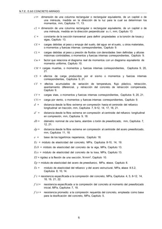 N.T.E. E.60 CONCRETO ARMADO
6
c1= dimensión de una columna rectangular o rectangular equivalente, de un capitel o de
una ménsula, medida en la dirección de la luz para la cual se determinan los
momentos, mm, Capítulos 11, 13.
c2 = dimensión de una columna rectangular o rectangular equivalente, de un capitel o de
una ménsula, medida en la dirección perpendicular a c1, mm, Capítulo 13
C = constante de la sección transversal para definir propiedades a la torsión de losas y
vigas, Capítulo 13.
CE = cargas debidas al peso y empuje del suelo, del agua en el suelo, u otros materiales,
o momentos y fuerzas internas correspondientes, Capítulo 9.
CL = cargas debidas al peso y presión de fluidos con densidades bien definidas y alturas
máximas controlables, o momentos y fuerzas internas correspondientes, Capítulo 9.
Cm = factor que relaciona el diagrama real de momentos con un diagrama equivalente de
momento uniforme, Capítulo 10.
CM = cargas muertas, o momentos y fuerzas internas correspondientes, Capítulos 9, 20,
21.
CS = efectos de carga producidos por el sismo o momentos y fuerzas internas
correspondientes, Capítulos 9, 21.
CT = efectos acumulados de variación de temperatura, flujo plástico, retracción,
asentamiento diferencial, y retracción del concreto de retracción compensada,
Capítulo 9.
CV = cargas vivas, o momentos y fuerzas internas correspondientes, Capítulos 9, 20, 21.
CVi = carga por viento, o momentos y fuerzas internas correspondientes, Capítulo 9.
d = distancia desde la fibra extrema en compresión hasta el centroide del refuerzo
longitudinal en tracción, mm, Capítulos 7, 9-12, 14, 17, 18, 21.
d’ = distancia desde la fibra extrema en compresión al centroide del refuerzo longitudinal
en compresión, mm, Capítulos 9, 18.
db = diámetro nominal de una barra, alambre o torón de preesforzado, mm, Capítulos 7,
12, 21.
dp = distancia desde la fibra extrema en compresión al centroide del acero preesforzado,
mm, Capítulos 11, 18.
e = base de los logaritmos neperianos, Capítulo 18.
Ec = módulo de elasticidad del concreto, MPa, Capítulos 8-10, 14, 19.
Ecb = módulo de elasticidad del concreto de la viga, MPa, Capítulo 13.
Ecs = módulo de elasticidad del concreto de la losa, MPa, Capítulo 13.
EI = rigidez a la flexión de una sección, N·mm2, Capítulo 10.
Ep = módulo de elasticidad del acero de preesfuerzo, MPa, véase, Capítulo 8.
Es = módulo de elasticidad del refuerzo y del acero estructural, MPa, véase 8.5.2,
Capítulos 8, 10, 14.
f’c = resistencia especificada a la compresión del concreto, MPa, Capítulos 4, 5, 8-12, 14,
18, 19, 21, 22.
f’ci = resistencia especificada a la compresión del concreto al momento del preesforzado
inicial, MPa, Capítulos 7, 18.
f’cr = resistencia promedio a la compresión requerida del concreto, empleada como base
para la dosificación del concreto, MPa, Capítulo 5.
 