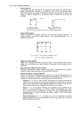 N.T.E. E.60 CONCRETO ARMADO
153
 Gancho sísmico
Es el gancho que debe formarse en los extremos de los estribos de confinamiento y
grapas suplementarias. Consiste en un doblez de 135º o más. Los ganchos deben
tener una extensión de 8 veces el diámetro de la barra, pero no menor a 75 mm, que
abraza el refuerzo longitudinal y se proyecta hacia el interior de la sección del
elemento.
Fig. 21.1d Ganchos sísmicos en estribos y grapas suplementarias
 Grapa suplementaria
Refuerzo transversal de diámetro mínimo 8 mm que tiene ganchos sísmicos en
ambos extremos. Los ganchos deben abrazar a las barras longitudinales de la
periferia de la sección.
Fig. 21.1e Grapas suplementarias
 Región de rótula plástica
Región de un elemento de pórtico (columnas, vigas) o muro estructural en la que se
espera que ocurra fluencia por flexión durante la respuesta sísmica inelástica de la
estructura.
 Muro estructural (Muro de corte o Placa)
Elemento, generalmente vertical, diseñado para resistir combinaciones de cortante,
momento y fuerza axial inducidas por los movimientos sísmicos.
 Sistema resistente a fuerzas laterales
Conjunto de elementos estructurales que resisten las acciones ocasionadas por los
sismos. De acuerdo a la NTE E.030 Diseño Sismorresistente, se reconocen los
siguientes sistemas estructurales en edificaciones de concreto armado:
- Pórticos (R = 8) - Por lo menos el 80% del cortante en la base actúa sobre las
columnas de los pórticos que cumplan los requisitos de esta Norma. En caso se
tengan muros estructurales, estos deberán diseñarse para resistir la fracción de la
acción sísmica total que les corresponda de acuerdo con su rigidez.
- Dual (R = 7) - Las acciones sísmicas son resistidas por una combinación de
pórticos y muros estructurales. Los pórticos deberán ser diseñados para tomar
por lo menos 25% del cortante en la base. Los muros estructurales serán
diseñados para las fuerzas obtenidas del análisis, según la NTE E.030 Diseño
Sismorresistente.
- Muros Estructurales (R = 6) - Sistema en el que la resistencia está dada
predominantemente por muros estructurales sobre los que actúa por lo menos el
80% del cortante en la base.
 