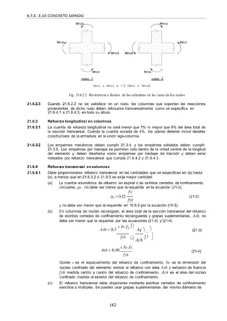 N.T.E. E.60 CONCRETO ARMADO
162
 
Fig. 21.6.2.2 Resistencia a flexión de las columnas en las caras de los nudos
21.6.2.3 Cuando 21.6.2.2 no se satisface en un nudo, las columnas que soportan las reacciones
provenientes de dicho nudo deben reforzarse transversalmente como se especifica en
21.6.4.1 a 21.6.4.3, en toda su altura.
21.6.3 Refuerzo longitudinal en columnas
21.6.3.1 La cuantía de refuerzo longitudinal no será menor que 1% ni mayor que 6% del área total de
la sección transversal. Cuando la cuantía exceda de 4%, los planos deberán incluir detalles
constructivos de la armadura en la unión viga-columna.
21.6.3.2 Los empalmes mecánicos deben cumplir 21.3.4. y los empalmes soldados deben cumplir
21.3.5. Los empalmes por traslape se permiten sólo dentro de la mitad central de la longitud
del elemento y deben diseñarse como empalmes por traslape de tracción y deben estar
rodeados por refuerzo transversal que cumpla 21.6.4.2 y 21.6.4.3.
21.6.4 Refuerzo transversal en columnas
21.6.4.1 Debe proporcionarse refuerzo transversal en las cantidades que se especifican en (a) hasta
(e), a menos que en 21.6.3.2 ó 21.6.5 se exija mayor cantidad:
(a) La cuantía volumétrica de refuerzo en espiral o de estribos cerrados de confinamiento
circulares, ρs , no debe ser menor que la requerida en la ecuación (21-2).
f c

ρs  0,12
fyt
(21-2)
y no debe ser menor que la requerida en 10.9.3 por la ecuación (10-5).
(b) En columnas de núcleo rectangular, el área total de la sección transversal del refuerzo
de estribos cerrados de confinamiento rectangulares y grapas suplementarias, Ash, no
debe ser menor que la requerida por las ecuaciones (21-3) y (21-4)
Ash  0,3
s bc fc
 



Ag 




 (21-3)
fyh 
Ach
 1
Ash  0,09
s bc f c


fyh
(21-4)
Donde s es el espaciamiento del refuerzo de confinamiento, bc es la dimensión del
núcleo confinado del elemento normal al refuerzo con área Ash y esfuerzo de fluencia
fyh medida centro a centro del refuerzo de confinamiento. Ach es el área del núcleo
confinado medida al exterior del refuerzo de confinamiento.
(c) El refuerzo transversal debe disponerse mediante estribos cerrados de confinamiento
sencillos o múltiples. Se pueden usar grapas suplementarias del mismo diámetro de


 