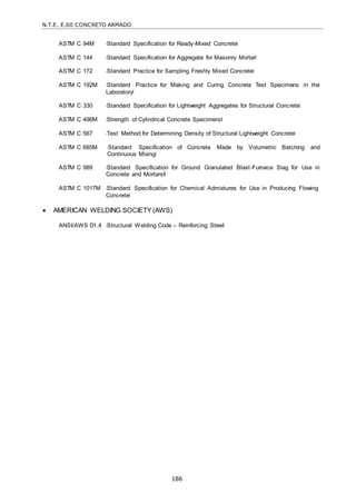 N.T.E. E.60 CONCRETO ARMADO
186
ASTM C 94M ―Standard Specification for Ready-Mixed Concrete‖
ASTM C 144 ―Standard Specification for Aggregate for Masonry Mortar‖
ASTM C 172 ―Standard Practice for Sampling Freshly Mixed Concrete‖
ASTM C 192M ―Standard Practice for Making and Curing Concrete Test Specimens in the
Laboratory‖
ASTM C 330 ―Standard Specification for Lightweight Aggregates for Structural Concrete‖
ASTM C 496M ―Strength of Cylindrical Concrete Specimens‖
ASTM C 567 ―Test Method for Determining Density of Structural Lightweight Concrete‖
ASTM C 685M ―Standard Specification of Concrete Made by Volumetric Batching and
Continuous Mixing‖
ASTM C 989 ―Standard Specification for Ground Granulated Blast-Furnace Slag for Use in
Concrete and Mortars‖
ASTM C 1017M ―Standard Specification for Chemical Admixtures for Use in Producing Flowing
Concrete‖
 AMERICAN WELDING SOCIETY (AWS)
ANSI/AWS D1.4 ―Structural Welding Code – Reinforcing Steel‖
 