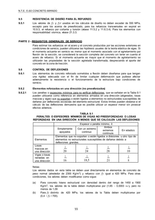N.T.E. E.60 CONCRETO ARMADO
55
9.5 RESISTENCIA DE DISEÑO PARA EL REFUERZO
9.5.1 Los valores de fy y fyt usados en los cálculos de diseño no deben exceder de 550 MPa,
excepto para los aceros de preesforzado, para los refuerzos transversales en espiral en
10.9.3, el refuerzo por cortante y torsión (véase 11.5.2 y 11.6.3.4). Para los elementos con
responsabilidad sísmica, véase 21.3.3.
PARTE 2 - REQUISITOS GENERALES DE SERVICIO
Para estimar los esfuerzos en el acero y el concreto producidos por las acciones exteriores en
condiciones de servicio, pueden utilizarse las hipótesis usuales de la teoría elástica de vigas. Si
el momento actuante en servicio es menor que el momento asociado con el agrietamiento por
flexión de la sección, se considerará la sección completa del concreto sin tener en cuenta el
acero de refuerzo. Si el momento actuante es mayor que el momento de agrietamiento se
utilizarán las propiedades de la sección agrietada transformada, despreciando el aporte del
concreto en la zona de tracción.
9.6 CONTROL DE DEFLEXIONES
9.6.1 Los elementos de concreto reforzado sometidos a flexión deben diseñarse para que tengan
una rigidez adecuada con el fin de limitar cualquier deformación que pudiese afectar
adversamente la resistencia o el funcionamiento de la estructura bajo condiciones de
servicio.
9.6.2 Elementos reforzados en una dirección (no preesforzados)
9.6.2.1 Los peraltes o espesores mínimos para no verificar deflexiones, que se señalan en la Tabla 9.1
pueden utilizarse como referencia en elementos armados en una dirección (aligerados, losas
macizas y vigas) que no soporten o estén ligados a elementos no estructurales susceptibles de
dañarse por deflexiones excesivas del elemento estructural. Estos límites pueden obviarse si el
cálculo de las deflexiones demuestra que es posible utilizar un espesor menor sin provocar
efectos adversos.
TABLA 9.1
PERALTES O ESPESORES MÍNIMOS DE VIGAS NO PREESFORZADAS O LOSAS
REFORZADAS EN UNA DIRECCIÓN A MENOS QUE SE CALCULEN LAS DEFLEXIONES
Espesor o peralte mínimo, h
Simplemente
apoyados
Con un extremo
continuo
Ambos
extremos
continuos
En voladizo
Elementos
Elementos que no soporten o estén ligados a divisiones u otro tipo de
elementos no estructurales susceptibles de dañarse debido a
deflexiones grandes.
Losas
macizas en
una dirección 20 24 28 10
Vigas o losas
nervadas en
una dirección 16 18,5 21 8
Notas:
Los valores dados en esta tabla se deben usar directamente en elementos de concreto de
peso normal (alrededor de 2300 Kg/m3) y refuerzo con fy igual a 420 MPa. Para otras
condiciones, los valores deben modificarse como sigue:
(a) Para concreto liviano estructural con densidad dentro del rango de 1450 a 1900
Kg/m3, los valores de la tabla deben multiplicarse por (1,65 – 0,0003 wc), pero no
menos de 1,09
(b) Para fy distinto de 420 MPa, los valores de la Tabla deben multiplicarse por
(0,4 + fy / 700).
 