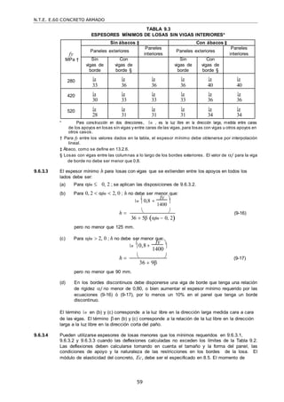 N.T.E. E.60 CONCRETO ARMADO
59
TABLA 9.3
ESPESORES MÍNIMOS DE LOSAS SIN VIGAS INTERIORES*
fy
MPa †
Sin ábacos ‡ Con ábacos ‡
Paneles exteriores
Paneles
interiores
Paneles exteriores
Paneles
interiores
Sin
vigas de
borde
Con
vigas de
borde §
Sin
vigas de
borde
Con
vigas de
borde §
280 n
33
n
36
n
36
n
36
n
40
n
40
420 n
30
n
33
n
33
n
33
n
36
n
36
520 n
28
n
31
n
31
n
31
n
34
n
34
* Para construcción en dos direcciones, n , es la luz libre en la dirección larga, medida entre caras
de los apoyos en losas sin vigas y entre caras de las vigas,para losas con vigas u otros apoyos en
otros casos.
† Para fy entre los valores dados en la tabla, el espesor mínimo debe obtenerse por interpolación
lineal.
‡ Ábaco, como se define en 13.2.6.
§ Losas con vigas entre las columnas a lo largo de los bordes exteriores. El valor de f para la viga
de borde no debe ser menor que 0,8.
9.6.3.3 El espesor mínimo h para losas con vigas que se extienden entre los apoyos en todos los
lados debe ser:
(a) Para αfm  0, 2 ; se aplican las disposiciones de 9.6.3.2.
(b) Para 0, 2  αfm  2, 0 ; h no debe ser menor que:
n

0,8 
fy 


1400


h   
36  5β αfm  0, 2
(9-16)
pero no menor que 125 mm.
(c) Para αfm  2, 0 ; h no debe ser menor que:
n

0,8
fy 


1400


h 

pero no menor que 90 mm.
 
36  9β
(9-17)
(d) En los bordes discontinuos debe disponerse una viga de borde que tenga una relación
de rigidez f no menor de 0,80, o bien aumentar el espesor mínimo requerido por las
ecuaciones (9-16) ó (9-17), por lo menos un 10% en el panel que tenga un borde
discontinuo.
El término n en (b) y (c) corresponde a la luz libre en la dirección larga medida cara a cara
de las vigas. El término  en (b) y (c) corresponde a la relación de la luz libre en la dirección
larga a la luz libre en la dirección corta del paño.
9.6.3.4 Pueden utilizarse espesores de losas menores que los mínimos requeridos en 9.6.3.1,
9.6.3.2 y 9.6.3.3 cuando las deflexiones calculadas no exceden los límites de la Tabla 9.2.
Las deflexiones deben calcularse tomando en cuenta el tamaño y la forma del panel, las
condiciones de apoyo y la naturaleza de las restricciones en los bordes de la losa. El
módulo de elasticidad del concreto, Ec, debe ser el especificado en 8.5. El momento de
 