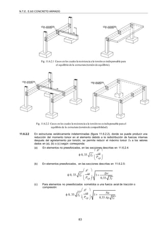 N.T.E. E.60 CONCRETO ARMADO
83
 
 
 
Fig. 11.6.2.1 Casos en los cuales la resistencia a la torsión es indispensable para
el equilibrio de la estructura (torsión de equilibrio).
Fig. 11.6.2.2 Casos en los cuales la resistencia a la torsión no esindispensable para el
equilibrio de la estructura (torsiónde compatibilidad).
11.6.2.2 En estructuras estáticamente indeterminadas (figura 11.6.2.2), donde se puede producir una
reducción del momento torsor en el elemento debido a la redistribución de fuerzas internas
después del agrietamiento por torsión, se permite reducir el máximo torsor Tu a los valores
dados en (a), (b) o (c) según corresponda:
(a) En elementos no preesforzados, en las secciones descritas en 11.6.2.4:
 A2 
 0, 33 cp
 Pcp

(b) En elementos preesforzados, en las secciones descritas en 11.6.2.5:
 A2 
 0, 33 fc
 cp
 Pcp 

(c) Para elementos no preesforzados sometidos a una fuerza axial de tracción o
compresión:
 A2 
 0, 33 fc

cp
 Pcp 
fc

1
fpc
0,33 fc

1
Nu
0,33 Ag fc

 