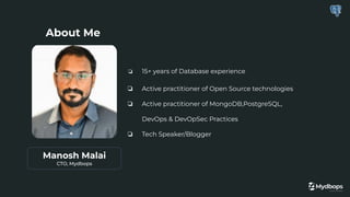 About Me
Manosh Malai
CTO, Mydbops
❏ 15+ years of Database experience
❏ Active practitioner of Open Source technologies
❏ Active practitioner of MongoDB,PostgreSQL,
DevOps & DevOpSec Practices
❏ Tech Speaker/Blogger
 