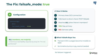Conﬁguration
bootstrap:
dcs:
failsafe_mode: true
ALL members, not majority
Unanimous reachability required as proxy for "I'm not
partitioned"
How It Works
1 Primary loses DCS connection
2 Falls back to direct check: POST /failsafe
3 Reaches ALL other Patroni members?
→ YES: Stay primary
→ NO: Demote safely
What Failsafe Buys You
Transient DCS outages become invisible to
apps
No failover triggered
No timeline bump or pg_rewind needed
The Fix: failsafe_mode: true
 