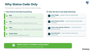 How Patroni Encodes Everything
Role
Primary / Replica / Sync → different endpoints
Lag
/replica?lag=1MB returns 200/503 based on limit
Tags
noloadbalance, nosync → reﬂected in endpoint response
Cluster State
200 only when eligible for routing
Why We Don't Use Body Matching
1 More fragile — breaks if Patroni tweaks JSON
format
2 Extra CPU per check — parsing response body adds
overhead
3
Status code already sufﬁcient — carries the same
signal precisely
4
Non-idiomatic — every reference conﬁg uses
status-only
Status code is a complete routing signal
Stay with the idiomatic pattern. Simpler is safer.
Why Status Code Only
The idiomatic approach for Patroni health checks
 