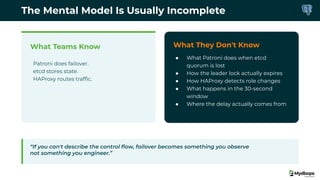 The Mental Model Is Usually Incomplete
What Teams Know
Patroni does failover.
etcd stores state.
HAProxy routes trafﬁc.
What They Don't Know
● What Patroni does when etcd
quorum is lost
● How the leader lock actually expires
● How HAProxy detects role changes
● What happens in the 30-second
window
● Where the delay actually comes from
“If you can't describe the control ﬂow, failover becomes something you observe
not something you engineer.”
 