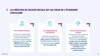 27
LA CRÉATION DE VALEUR SOCIALE EST AU CŒUR DE L’ÉCONOMIE
CIRCULAIRE
Par la création d’emplois
L’économie circulaire perm...