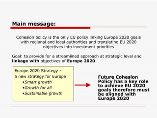 Main message:   Future Cohesion Policy has a key role to achieve EU 2020 goals  therefore  must be aligned with Europe 2020 Europe 2020 Strategy –  a new strategy for Europe   Smart growth Growth for all Sustainable growth Cohesion policy is the only  EU  policy linking Europe  2020  goals with regional and local authorities and  translating EU 2020 objectives into investment priorities Goal: to provide for a streamlined approach at strategic level and  linkage with  objectives of  Europe 2020 