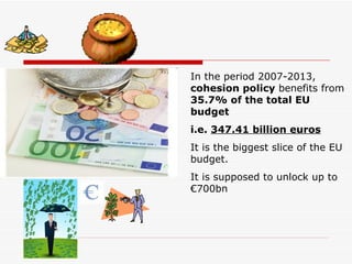 In the period 2007-2013,  cohesion policy  benefits from  35.7% of the total EU budget  i.e.  347.41 billion euros   It is the biggest slice of the EU budget.  It is supposed to unlock up to €700bn 