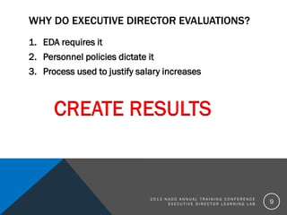 WHY DO EXECUTIVE DIRECTOR EVALUATIONS?
1. EDA requires it
2. Personnel policies dictate it
3. Process used to justify sala...