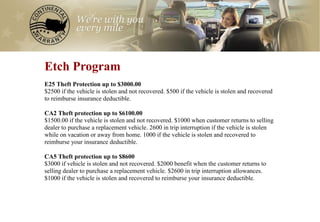 0
Etch Program
E25 Theft Protection up to $3000.00
$2500 if the vehicle is stolen and not recovered. $500 if the vehicle is stolen and recovered
to reimburse insurance deductible.

CA2 Theft protection up to $6100.00
$1500.00 if the vehicle is stolen and not recovered. $1000 when customer returns to selling
dealer to purchase a replacement vehicle. 2600 in trip interruption if the vehicle is stolen
while on vacation or away from home. 1000 if the vehicle is stolen and recovered to
reimburse your insurance deductible.

CA5 Theft protection up to $8600
$3000 if vehicle is stolen and not recovered. $2000 benefit when the customer returns to
selling dealer to purchase a replacement vehicle. $2600 in trip interruption allowances.
$1000 if the vehicle is stolen and recovered to reimburse your insurance deductible.
 