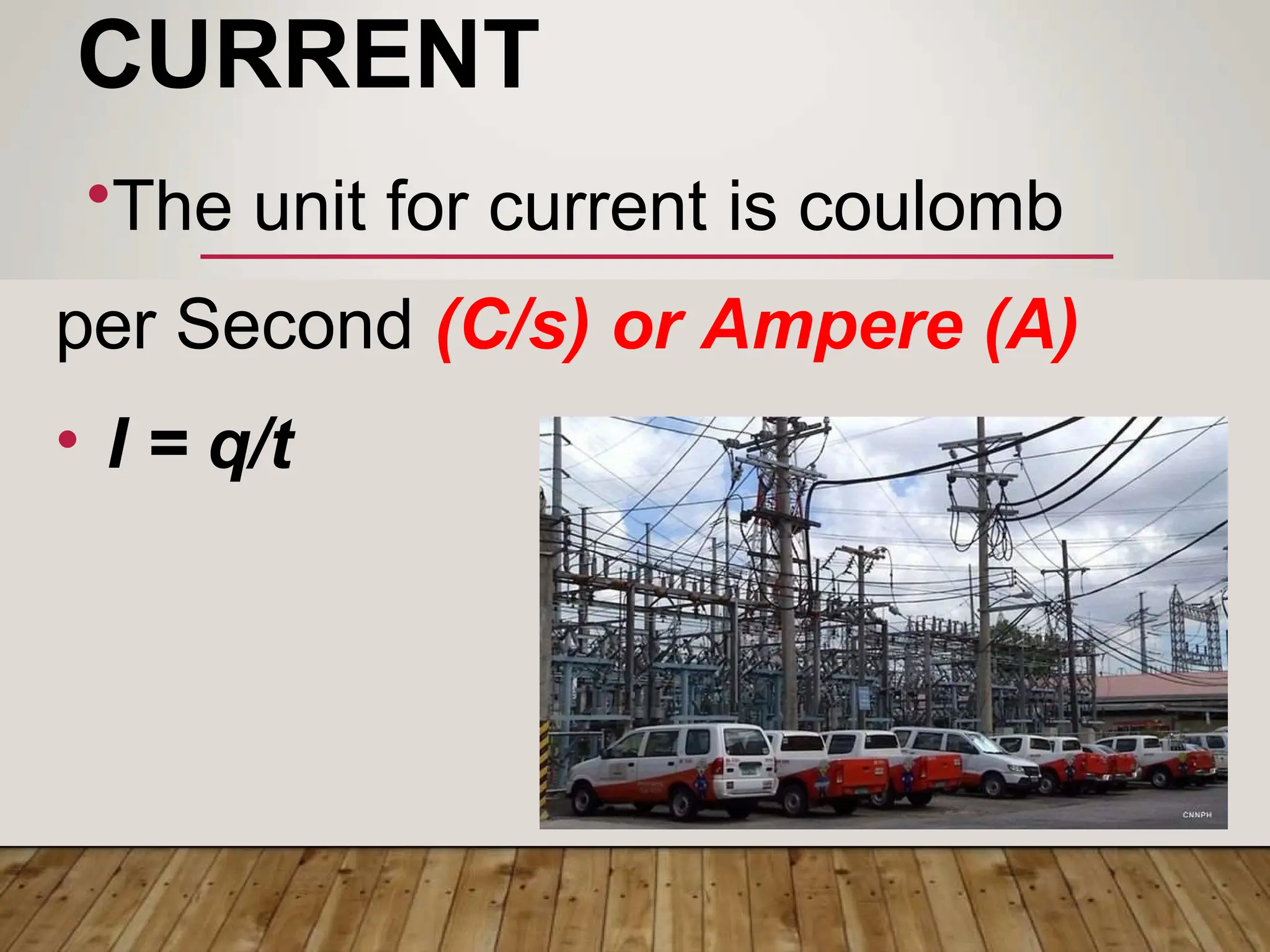 CURRENT
•The unit for current is coulomb
per Second (C/s) or Ampere (A)
• I = q/t
 