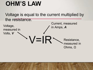 V=IR
OHM’S LAW
Voltage is equal to the current multiplied by
the resistance.
Voltage,
measured in
Volts, V
Current, measured
in Amps, A
Resistance,
measured in
Ohms, Ω
 