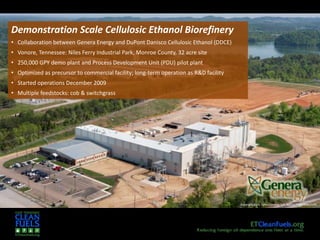 10
Demonstration Scale Cellulosic Ethanol Biorefinery
• Collaboration between Genera Energy and DuPont Danisco Cellulosic Ethanol (DDCE)
• Vonore, Tennessee: Niles Ferry Industrial Park, Monroe County, 32 acre site
• 250,000 GPY demo plant and Process Development Unit (PDU) pilot plant
• Optimized as precursor to commercial facility; long-term operation as R&D facility
• Started operations December 2009
• Multiple feedstocks: cob & switchgrass
Copyright 2010, Genera Energy LLC, NOT FOR DISTRIBUTION
 