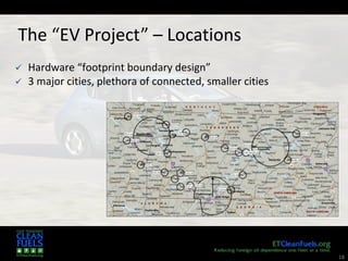 18
The “EV Project” – Locations
 Hardware “footprint boundary design”
 3 major cities, plethora of connected, smaller cities
 