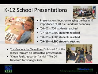 8
K-12 School Presentations
• Presentations focus on relaying the basics &
importance of alt fuels and fuel economy
• ’06-’07 = 700 students reached
• ’07-’08 = 1,700 students reached
• ’08-’09 = 3,600 students reached
• ‘09-’10 = 4,990 students reached
• “1st Graders for Clean Fuels” - hits all 5 of the
senses through an interactive presentation
• “Clean Fuels Jeopardy!” a hit! “The Oil
Timeline” for younger kids
 