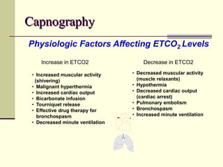 Capnography
• Increased muscular activity
(shivering)
• Malignant hyperthermia
• Increased cardiac output
• Bicarbonate infusion
• Tourniquet release
• Effective drug therapy for
bronchospasm
• Decreased minute ventilation
• Decreased muscular activity
(muscle relaxants)
• Hypothermia
• Decreased cardiac output
(cardiac arrest)
• Pulmonary embolism
• Bronchospasm
• Increased minute ventilation
Physiologic Factors Affecting ETCO2 Levels
Increase in ETCO2 Decrease in ETCO2
 