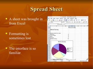 Spread Sheet A sheet was brought in from Excel Formatting is sometimes lost The interface is so familiar 
