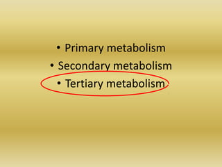 • Primary metabolism
• Secondary metabolism
• Tertiary metabolism
 
