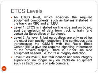 ETCS Levels
18
 An ETCS level, which specifies the required
equipment components, such as balises installed in
the track, an RBC and an LEU.
 Level 1: ETCS is installed on line side and on board;
spot transmission of data from track to train (and
versa) via Eurobalises or Euroloops.
 Level 2: As level 1, but eurobalises are only used for
the exact train position detection. The continuous data
transmission via GSM-R with the Radio Block
Center (RBC) give the required signaling Information
to the drivers display. There is further line side
equipment needed, i.e. for train integrity detection.
 Level 3: As level 2, but train location and train integrity
supervision no longer rely on trackside equipment
such as track circuits or axle counters.
 